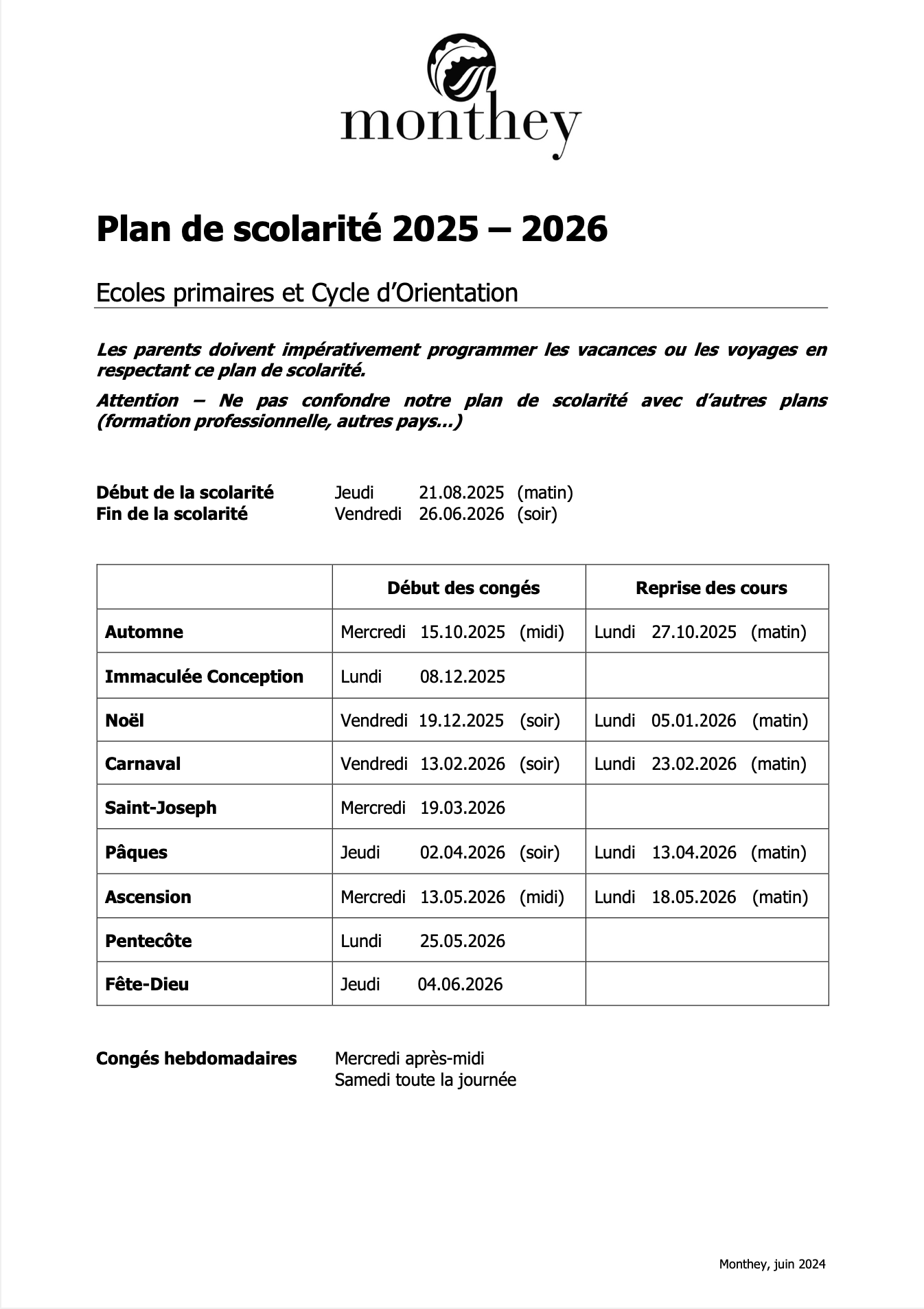 Plan de scolarité 2025 2026