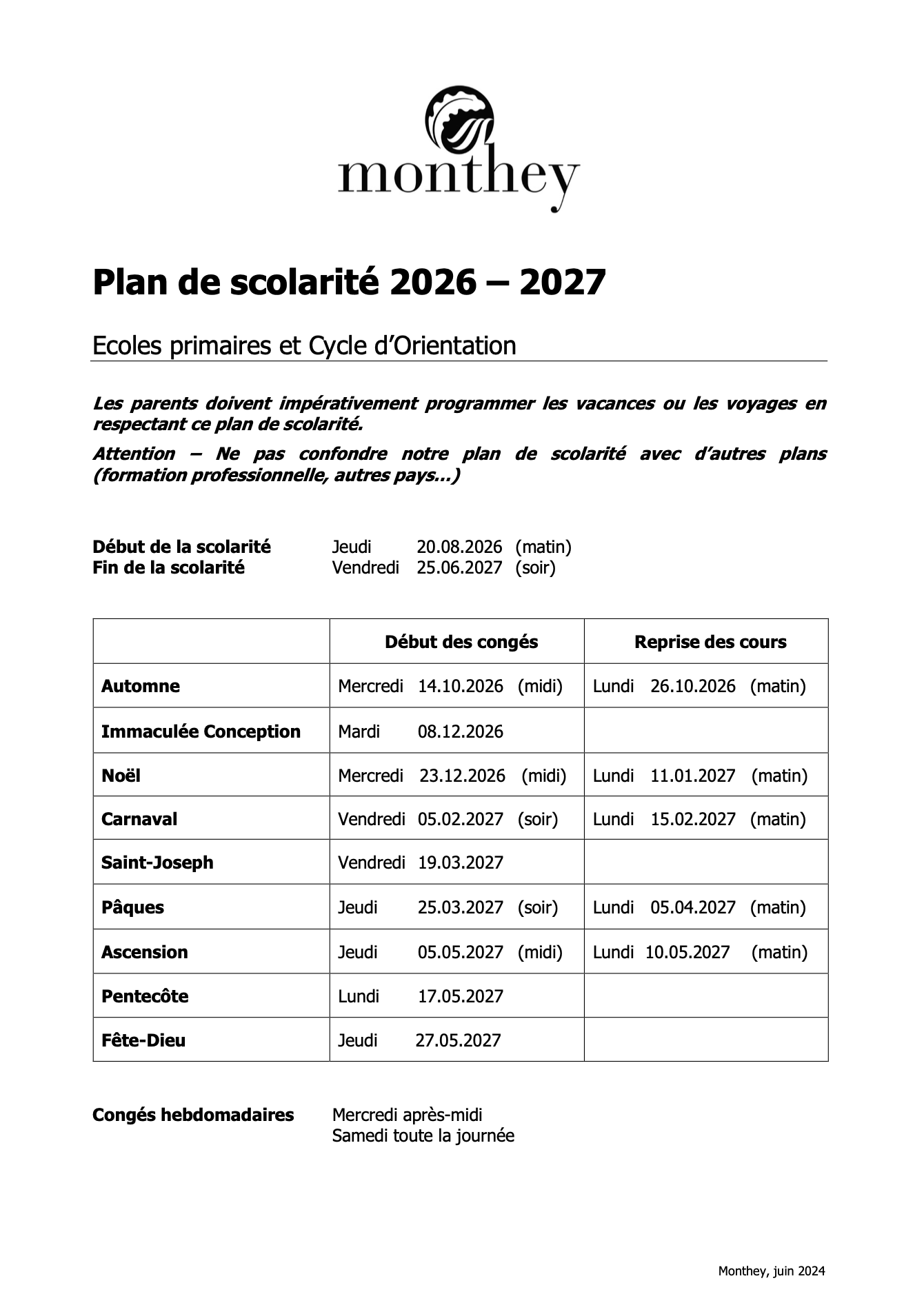 Plan de scolarité 2026 2027